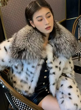 仿狐狸毛山猫豹纹短款皮草外套女2025新款爆款洋气银狐毛毛领上衣