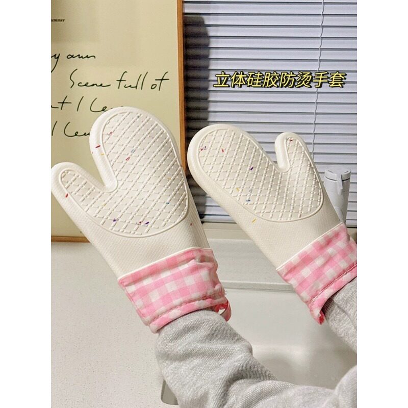 韩风粉色格子加棉糖针硅胶手套家用防滑耐热微波炉手套防烫隔热厚