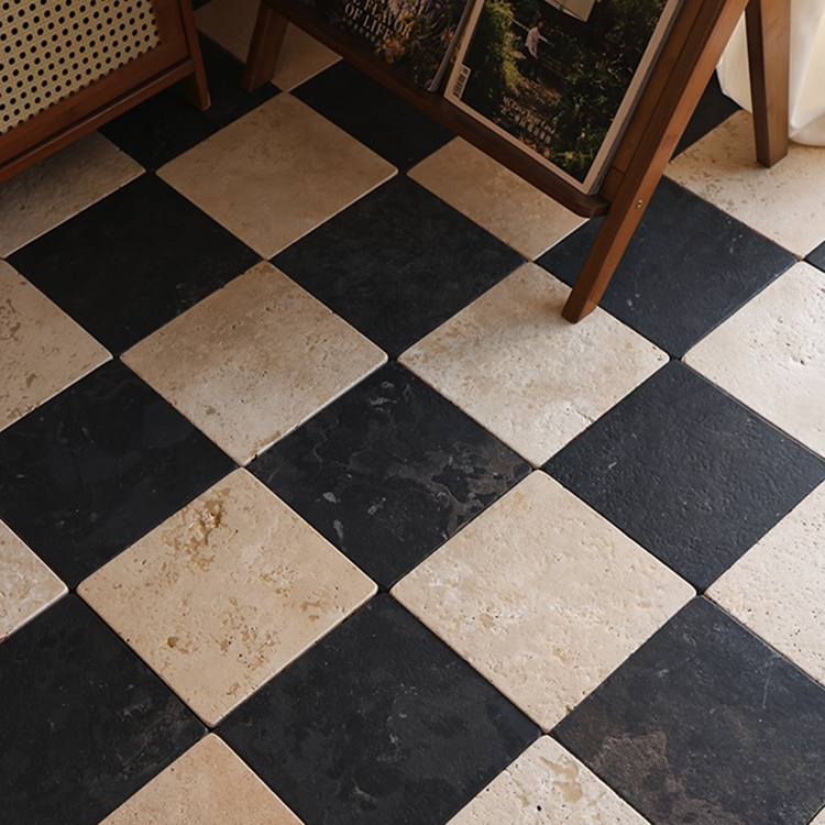 天然莱姆石中古风棋盘格洞石瓷砖复古民宿餐饮咖啡店阳台防滑地砖