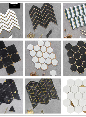 大理石马赛克轻奢风背景墙石材金属羽毛砖浴室厨房卫生间白色瓷砖