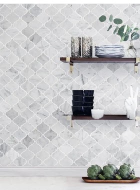 天然石材马赛克玄关电视背景墙白色现代简欧灯笼形拼花地面防滑砖