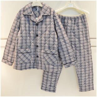 安之伴睡衣新款冬季男士梭织磨毛格子三层加厚夹棉纯棉保暖家居服