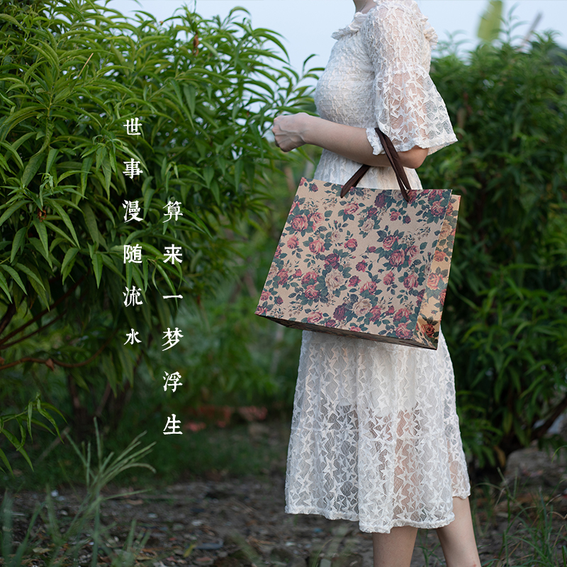 复古绿色玫瑰花牛皮纸袋衣服包装礼品服装袋连衣裙女装手提购物袋