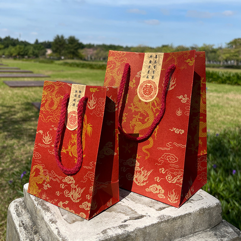 结婚礼品喜糖回礼袋牛皮纸中式婚礼包装袋暗红色复古中国风手提袋