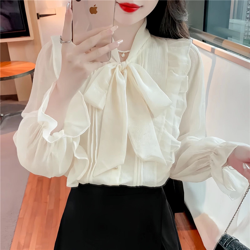 蝴蝶结衬衫女2026春秋季新款宽松甜美雪纺衫喇叭袖衬衣百搭上衣