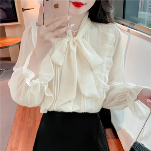 蝴蝶结衬衫女2025春春秋新款宽松甜美雪纺衫喇叭袖衬衣百搭上衣