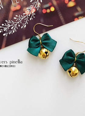 圣诞节绿色蝴蝶结铃铛纯银耳钉耳夹无耳洞耳饰少女可爱甜美耳坠