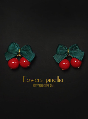 红色樱桃耳环925纯银耳钉耳钩无耳洞耳夹可爱少女蝴蝶结耳饰