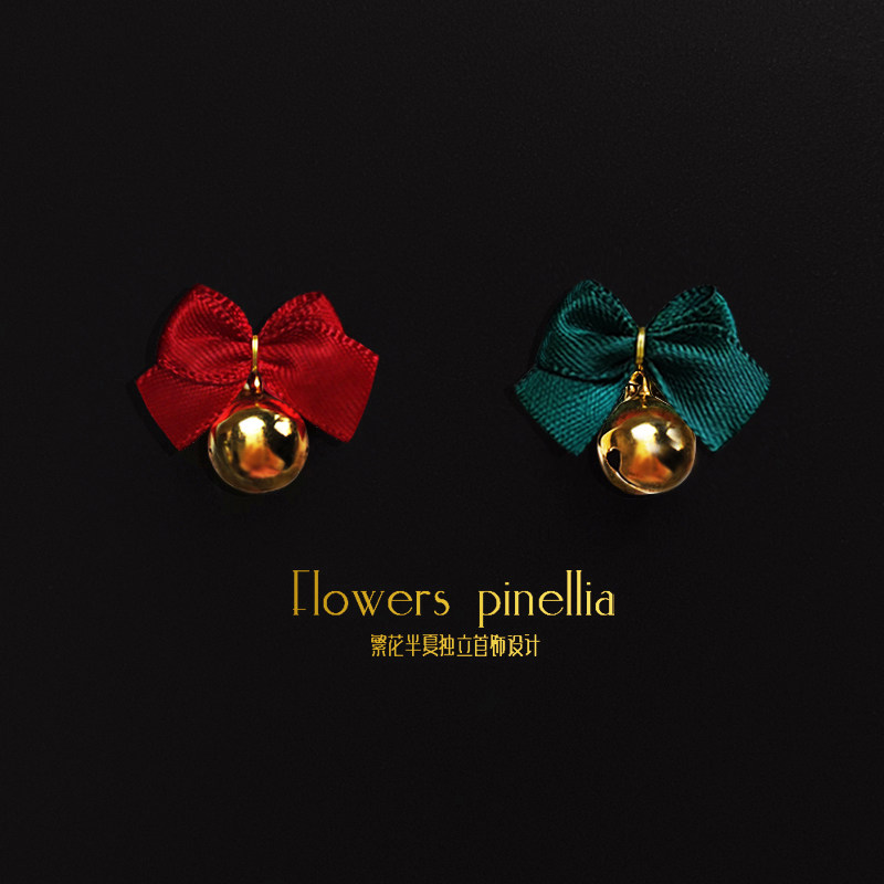 圣诞节红绿蝴蝶结铃铛纯银耳环