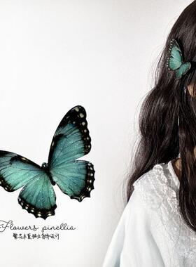 原创仿真蓓蕾闪蝶绿色立体蝴蝶边夹拍照装饰发夹鸭嘴夹配饰女礼物