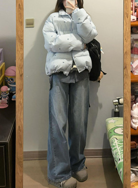 韩系复古温柔风蓝色棉服外套女学生宽松加厚面包服冬季蝴蝶结棉衣