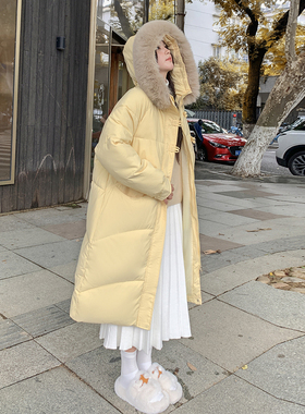 实拍奶黄色羽绒棉服女中长款2025冬季新款棉衣时尚盘扣棉袄外套