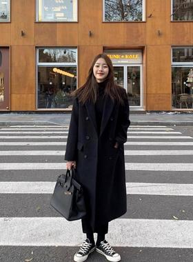 黑色毛呢外套女小个子韩系新款秋冬高级感中长款加厚西装呢子大衣
