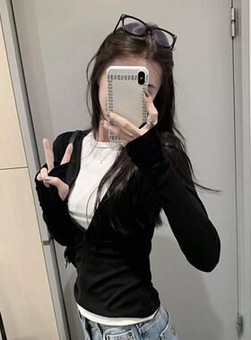 撞色叠穿感假两件t恤女秋冬薄款辣妹修身长袖拉炼显瘦百搭上衣潮