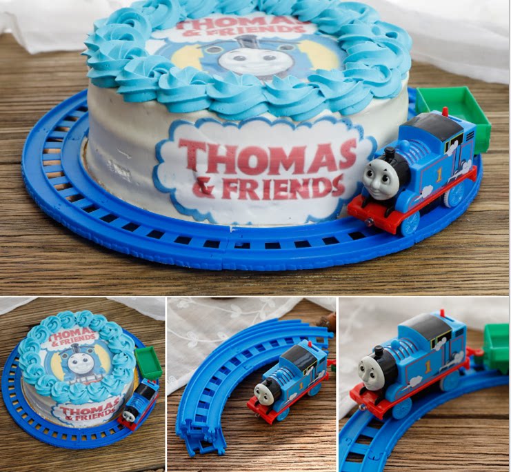 电动会跑的蓝色小火车圆形轨道儿童场景生日蛋糕装饰摆件