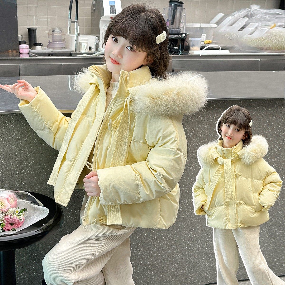 女童短款外套2026新款大毛领羽绒棉服保暖中大童冬季加厚保暖棉袄