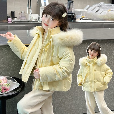 女童短款外套2025新款大毛领羽绒棉服保暖中大童冬季加厚保暖棉袄