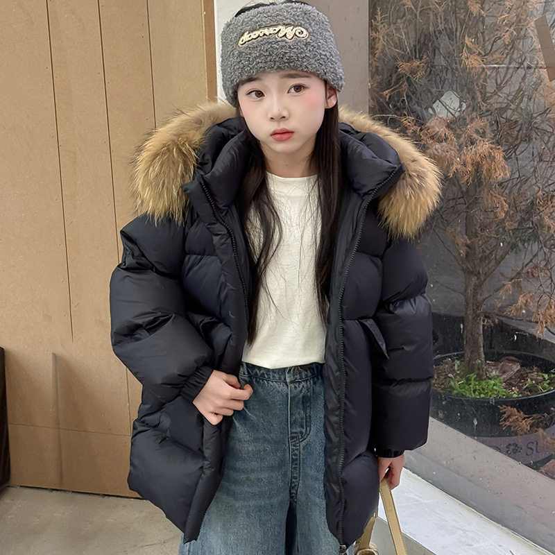 女童羽绒服中长款韩版洋气2026新款白鸭绒加厚毛领中大童保暖外套