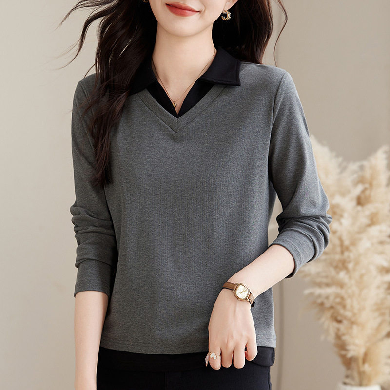 有领长袖t恤女打底衫春秋款2026新款春季正肩内搭女装假两件上衣