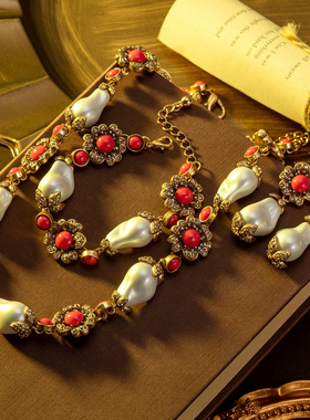 中古风vintage复古宫廷风项链手链耳环仿珍珠红色琉璃