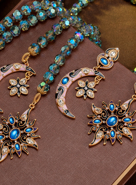 中古风复古宫廷风高级感复古镀真金项链毛衣链耳钉耳环耳饰不对称