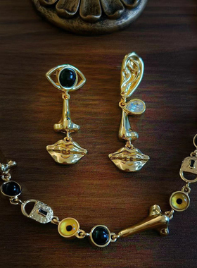 包邮中古饰品复刻镀真金恶魔之眼不对称耳钉项链鼻子眼睛嘴