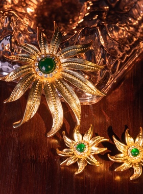 中古书册款款vintage素金太阳花朵琉璃复古时尚胸针耳夹无耳洞