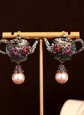 优雅法式时尚小众复古玻璃珍珠打结气短款项链女茶壶银针耳钉