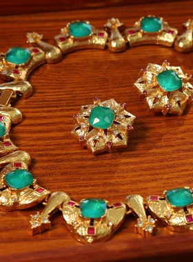 中古vintage高级感气质小众设计复古镂空浮雕绿色仿宝石石项链