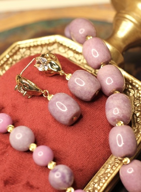 中古风天然石收藏天然石紫色绿东陵玉项链锆石耳钉复古中古风