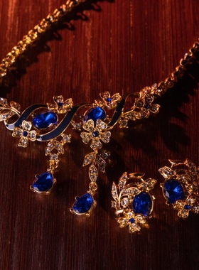 中古vintage复古满镶满嵌宝蓝色莱茵石独特手工雕花项链银针耳钉