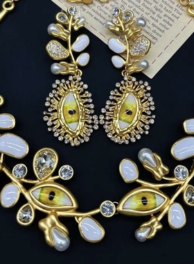 中古vintage饰品复刻珐琅耳钉项链耳环眼睛镶钻925银针恶魔之眼