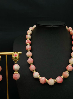 包邮镀真金粉色天然石波斯玉项链925银针花朵耳钉项链毛衣链