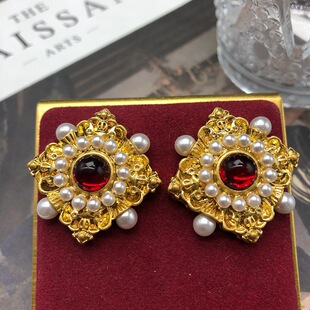 包邮 中古饰品复刻浮夸仿珍珠镀真金vintage复古耳钉耳夹