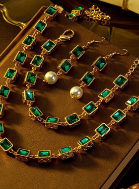 中古风高级感复古镀真金耳钉耳环925银针仿祖母绿宝石玻璃项链