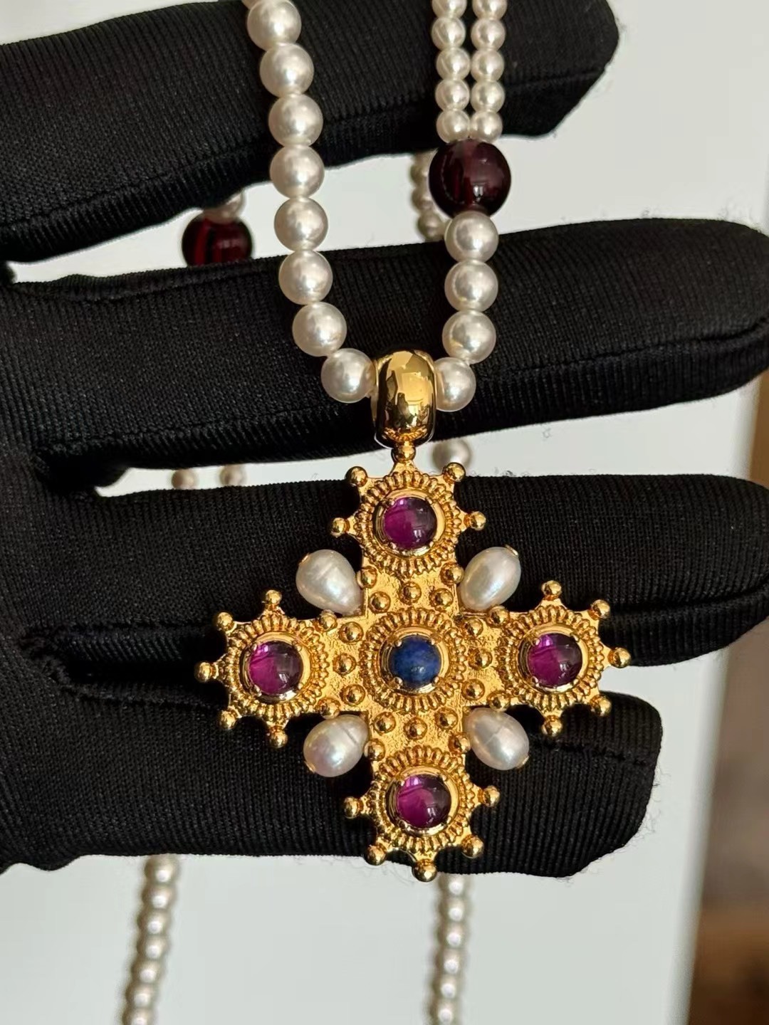 中古风复古宫廷风高级感复古镀真金项链耳钉耳环十字架天然石榴石