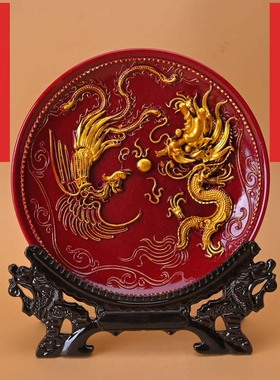2025年朱砂龙凤呈祥摆件朱砂展示盘桌面玄关客厅办公室凤凰圆盘