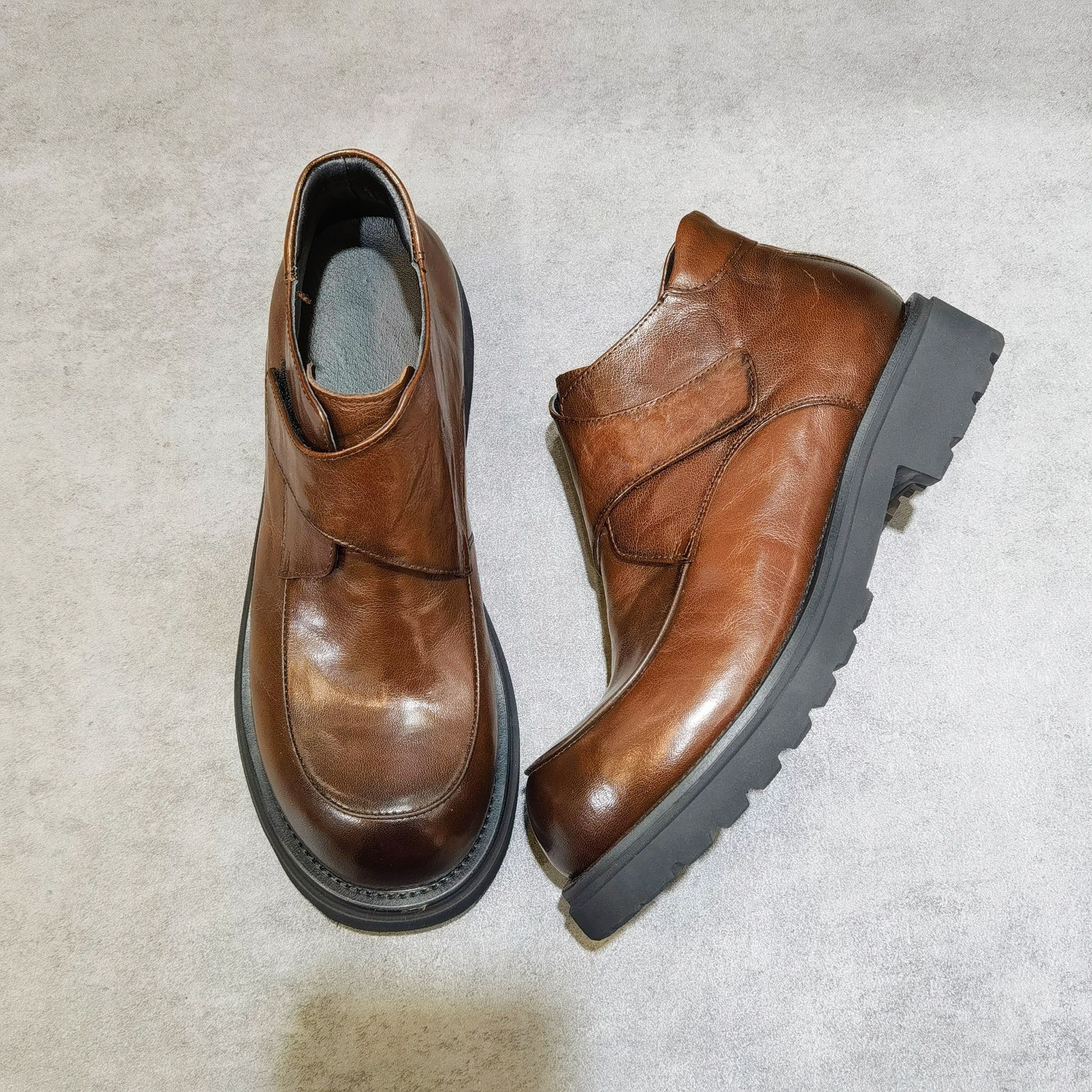 英伦风厚底马丁靴男真皮复古棕色圆头中帮靴商务休闲皮靴头层牛皮