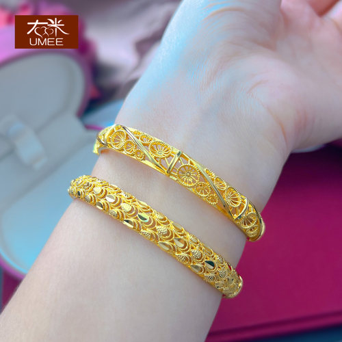 时尚简约镀黄金复古雕花缕空手镯