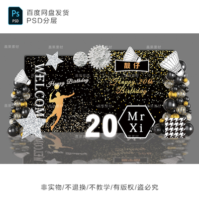 男孩20岁生日布置羽毛球主题布置素材30岁男士生日布置素材CR002