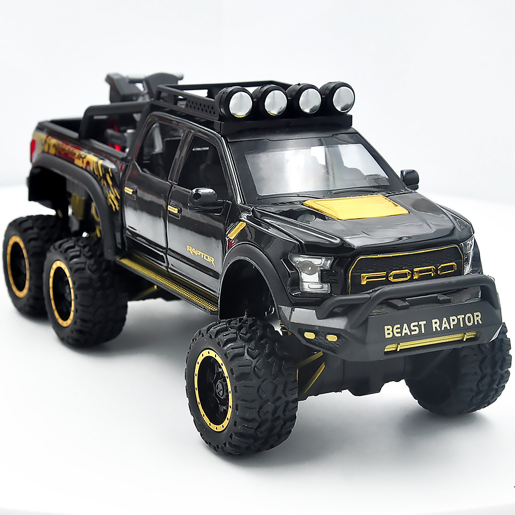 1:24 适用于福特 F150 猛禽声光带摩托车大皮卡模型儿童玩具车