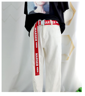 字母帆布腰带男速开插扣嘻哈风个性束腰装饰腰封女街潮红色裤腰带