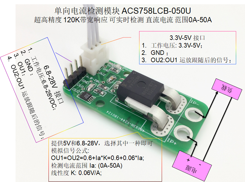 ACS758LCB-050U单向直流模块 0-50A 60mV/1A 供电6.8V-24V 宽动态