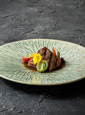 窑变绿色陶瓷盘子碟子日式餐厅商用餐盘菜盘创意牛排盘意面盘平盘