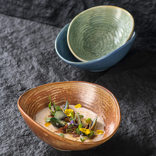 日式复古异形碗创意陶瓷面碗汤碗餐厅个性沙拉碗窑变不规则冷菜碗