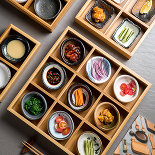 日式 九宫格餐盘二三四六多格竹盒创意寿司盘小吃盘火锅分格竹盘子
