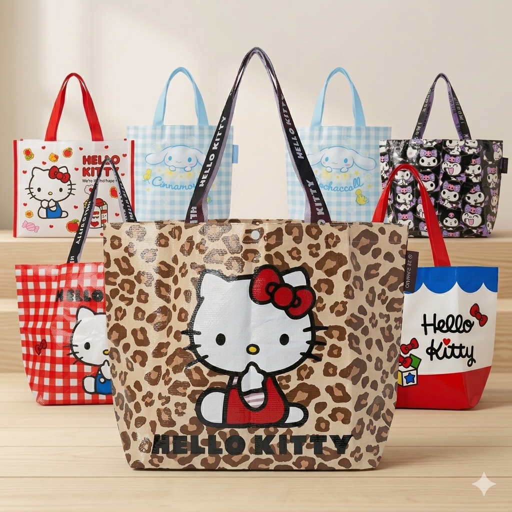 三丽鸥正版授权编织购物袋单肩折叠大容量便携卡通包包可爱手提袋