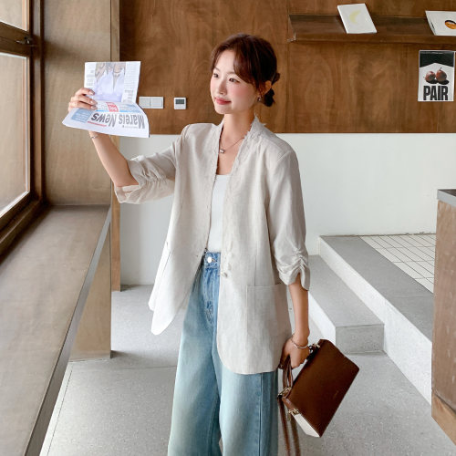 春季休闲慵懒短外套女宽松亚麻