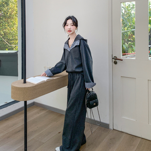 灰色韩系慵懒风连帽卫衣套装女2026春季新款休闲运动阔腿裤两件套