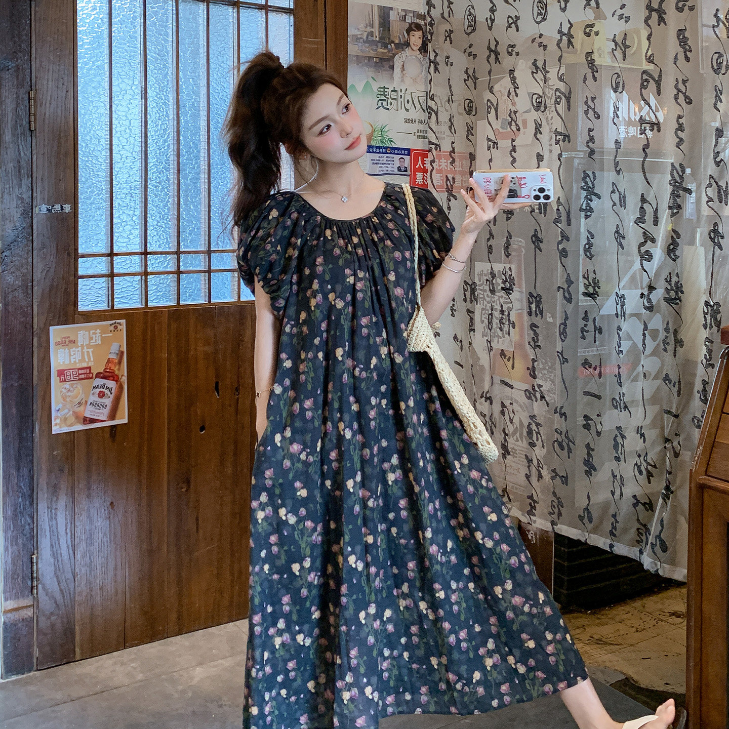 法式温柔风蓝色碎花连衣裙女